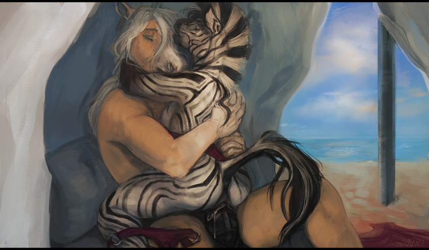 2016 anthro anthro_on_anthro anus beach biped black_fur black_mane black_penis black_stripes black_tail blue_sky brown_fur clothing cloud cowgirl_position cum cum_in_pussy cum_inside cum_on_penis day detailed_background digital_media_(artwork) digital_painting_(artwork) duo embrace equine eyebrows eyes_closed female fur hair hand_on_back horse hug intimate kashjew letterbox long_hair love maha_(oouna) male male/female male_penetrating mammal mane mastery_position multicolored_fur multicolored_mane multicolored_tail nude on_top oouna panties panties_around_one_leg penetration penis pillow pussy raised_tail reclining romantic romantic_couple sea seaside sex signature sky snout straddling striped_fur stripes tent two_tone_fur two_tone_mane two_tone_tail underwear vaginal vaginal_penetration water white_fur white_hair white_mane white_tail zebra