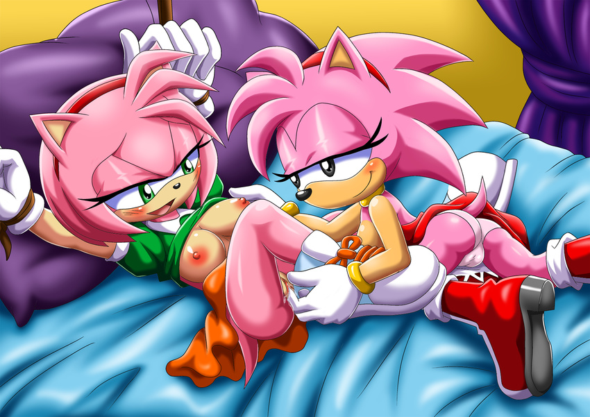 amy_rose bbmbbf breasts clothing female female/female fingering green_eyes hedgehog mammal palcomix pussy sonic_(series)