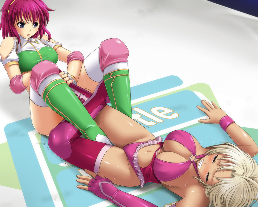 2girls bare_shoulders blonde_hair blue_eyes boots breasts cleavage crotch digdug006 frills gloves janice_claire leotard minagawa_harumi multiple_girls navel open_mouth pain pink_hair purple_eyes ribbon ryona short_hair submission_hold sweat thigh_boots thighhighs thighs trembling underwear wrestle_angels wrestle_angels_survivor wrestle_angels_survivor_2 wrestling wrestling_outfit