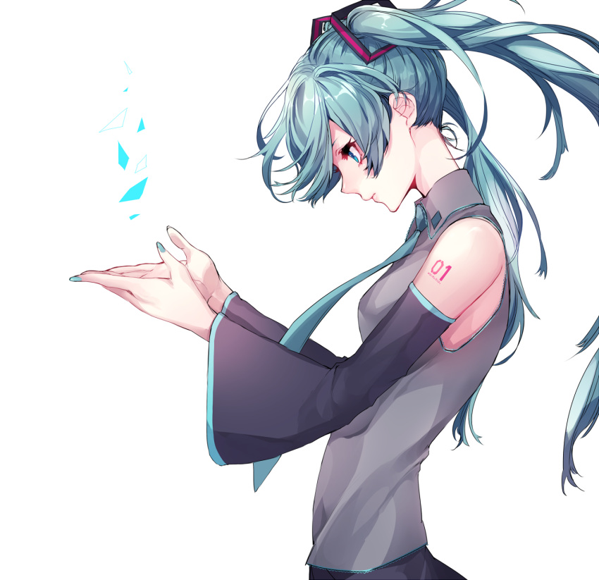 1girl aqua_eyes aqua_hair bare_shoulders closed_mouth commentary_request detached_sleeves floating_hair from_side green_hair green_nails green_neckwear hair_between_eyes hatsune_miku highres long_hair looking_at_hands masa-hiro nail_polish necktie shirt sleeveless sleeveless_shirt solo twintails vocaloid
