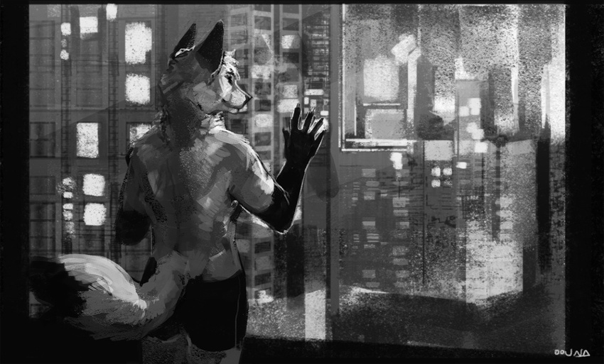 anthro briefs canine clothed clothing fur hair inside male mammal monochrome oouna solo standing topless underwear