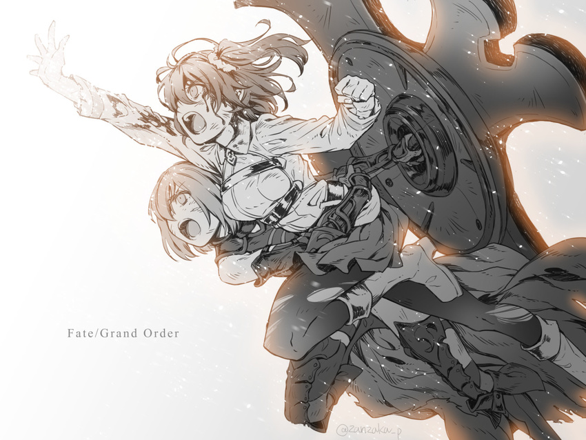 ahoge armor armored_boots bare_shoulders battle blood blood_on_face boots cape clenched_hand commentary_request copyright_name detached_sleeves elbow_gloves fate/grand_order fate_(series) fujimaru_ritsuka_(female) gloves greyscale holding_shield light light_particles long_sleeves mash_kyrielight miniskirt monochrome multiple_girls open_mouth outstretched_arm outstretched_hand pantyhose reaching scrunchie shield short_hair side_ponytail simple_background skirt torn_cape torn_clothes torn_legwear torn_sleeves twitter_username white_background zanzaka_(atsg7472)