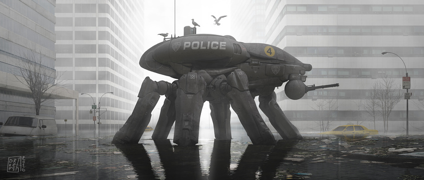 absurdres artist_name bare_tree bird building car commentary day dofresh emblem english flood fog from_side gatling_gun ground_vehicle highres lamppost mecha motor_vehicle new_york no_humans number original outdoors partially_submerged police taxi tree van water