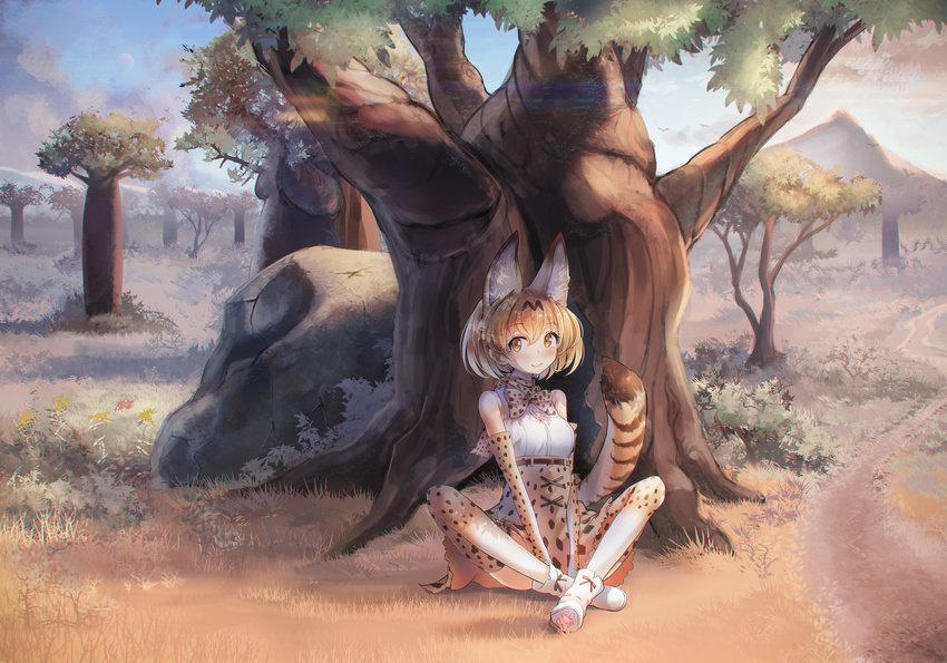 animal_ears animal_print baobab bare_shoulders between_legs blonde_hair blue_sky blush boots bow chromatic_aberration commentary day elbow_gloves full_body gloves hand_between_legs highres kemono_friends looking_at_viewer nasuno_chiyo outdoors savannah serval_(kemono_friends) serval_ears serval_print serval_tail shirt short_hair sitting skirt sky sleeveless sleeveless_shirt smile solo striped_tail tail thighhighs tree white_footwear white_shirt yellow_eyes