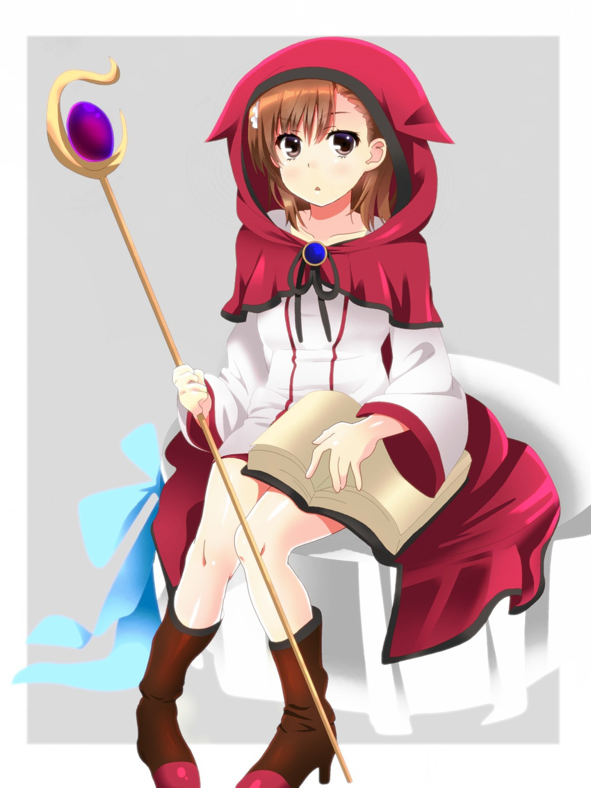 alternate_costume bangs blue_background book boots brown_footwear chair collarbone dress flower full_body hair_flower hair_ornament highres holding holding_book long_sleeves looking_at_viewer magician misaka_mikoto momoiro_tanuki outside_border parted_lips red_footwear red_hood short_hair sitting solo staff to_aru_kagaku_no_railgun to_aru_majutsu_no_index white_dress