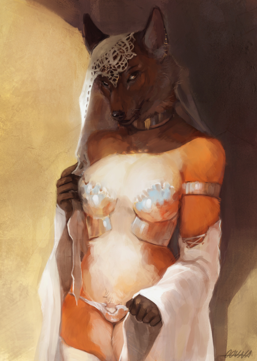 2017 anthro armlet bustier canine choker clothed clothing digital_media_(artwork) ear_piercing female fur looking_at_viewer mammal maned_wolf metal oouna panties piercing seductive simple_background skimpy solo underwear