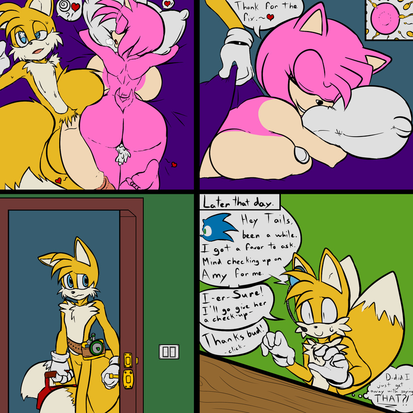 &lt;3 2017 after_sex amy_rose anthro balls big_balls big_breasts big_butt big_penis breasts butt canine comic cum cum_in_pussy cum_inside dialogue duo english_text female flaccid fox hedgehog huge_balls huge_breasts huge_penis impregnation littlegraybunny male mammal miles_prower nude penis sonic_(series) sonic_the_hedgehog text