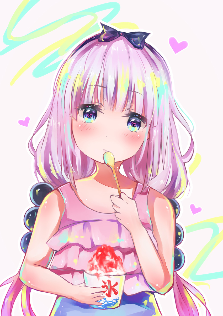 bangs bare_shoulders beads black_ribbon blue_eyes blunt_bangs blush closed_mouth eyebrows_visible_through_hair food frilled_swimsuit frills hair_beads hair_ornament hairband half-closed_eyes heart heart-shaped_pupils highres ice_cream kanna_kamui kobayashi-san_chi_no_maidragon lavender_hair long_hair looking_at_viewer low_twintails milktower ribbon simple_background solo spoon swimsuit symbol-shaped_pupils twintails upper_body white_background