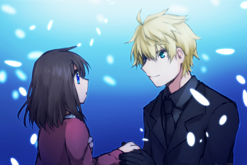 1boy 1girl ahoge black_hair blonde_hair blue_eyes coat dress fate/prototype fate/prototype:_fragments_of_blue_and_silver fate_(series) gloves necktie open_mouth saber_(fate/prototype) sajou_ayaka short_hair smile suit