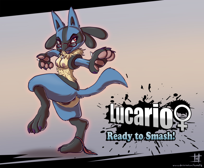 2018 anus black_fur blue_fur breasts clothing eyelashes eyewear female fur glasses hyenatig_(artist) lucario nintendo nipples nude panties panties_around_one_leg pok&eacute;mon pok&eacute;mon_(species) pok&eacute;morph pose pussy red_eyes simple_background smile solo spikes super_smash_bros._ultimate underwear underwear_around_one_leg video_games