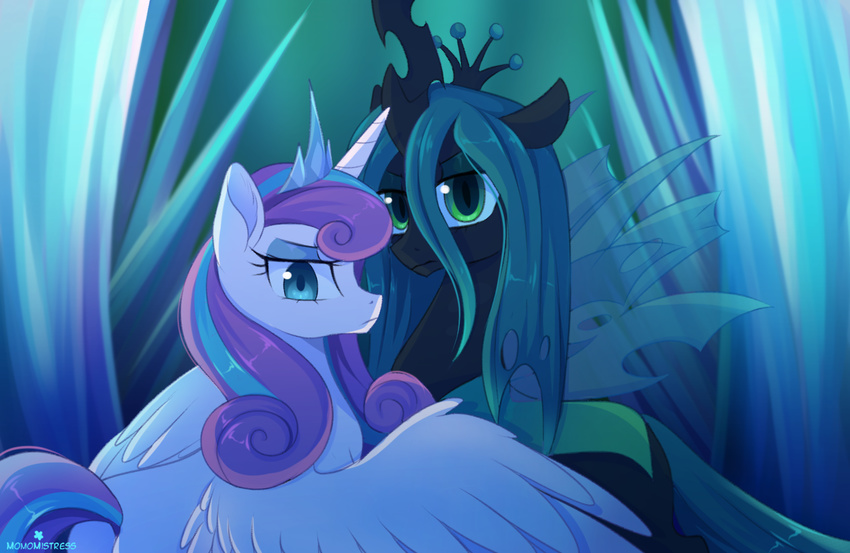 2017 aged_up blue_eyes blue_hair changeling duo equine eyelashes feathered_wings feathers female feral flurry_heart_(mlp) friendship_is_magic frown glare green_eyes hair horn insect_wings long_hair looking_at_viewer mammal momomistress multicolored_hair my_little_pony queen_chrysalis_(mlp) spread_wings two_tone_hair winged_unicorn wings