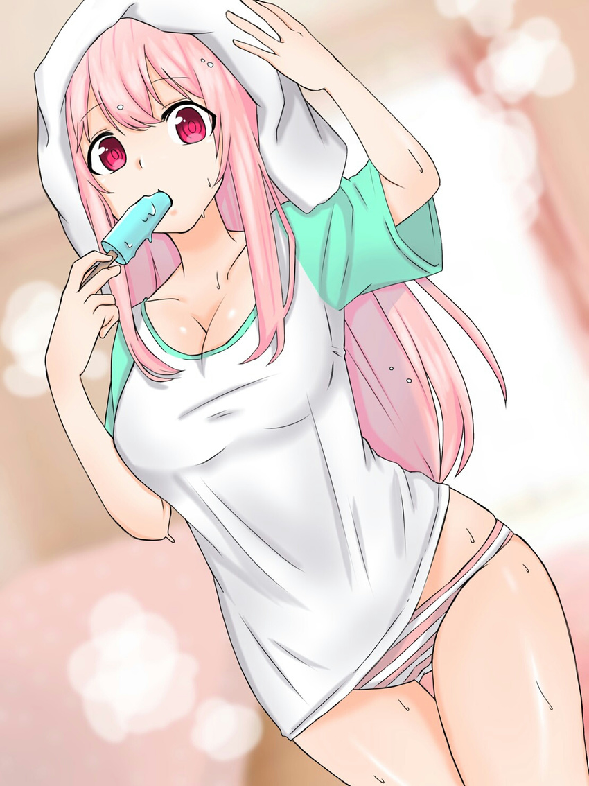 after_bath blush breasts cleavage commentary_request cowboy_shot dripping eyebrows_visible_through_hair food hakuma510 highres large_breasts long_hair looking_at_viewer navel nitroplus no_pants panties pantyshot pantyshot_(standing) pink_hair popsicle red_eyes shirt solo standing steam striped striped_panties super_sonico t-shirt taut_clothes taut_shirt thighs towel towel_on_head underwear