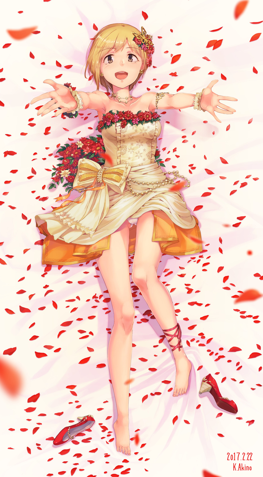 absurdres aiba_yumi akino_komichi barefoot blonde_hair blurry blush breasts brown_eyes butterfly_hair_ornament commentary_request depth_of_field dress earrings hair_ornament highres idolmaster idolmaster_cinderella_girls idolmaster_cinderella_girls_starlight_stage jewelry looking_at_viewer lying medium_breasts on_back open_mouth outstretched_arms panties pantyshot petals rose_petals shoes_removed short_hair smile solo underwear white_panties