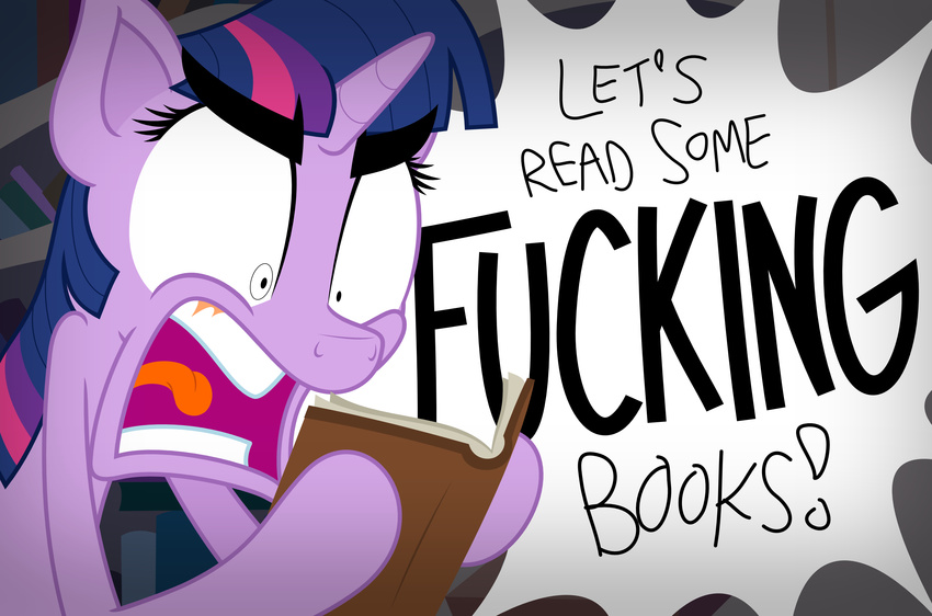 2017 absurd_res angry book dialogue digital_media_(artwork) english_text equine female feral friendship_is_magic fur hair hi_res hooves horn horse library mammal multicolored_hair my_little_pony open_mouth pony solo speech_bubble teeth text tongue twilight_sparkle_(mlp) unicorn vulgar yelling zutheskunk