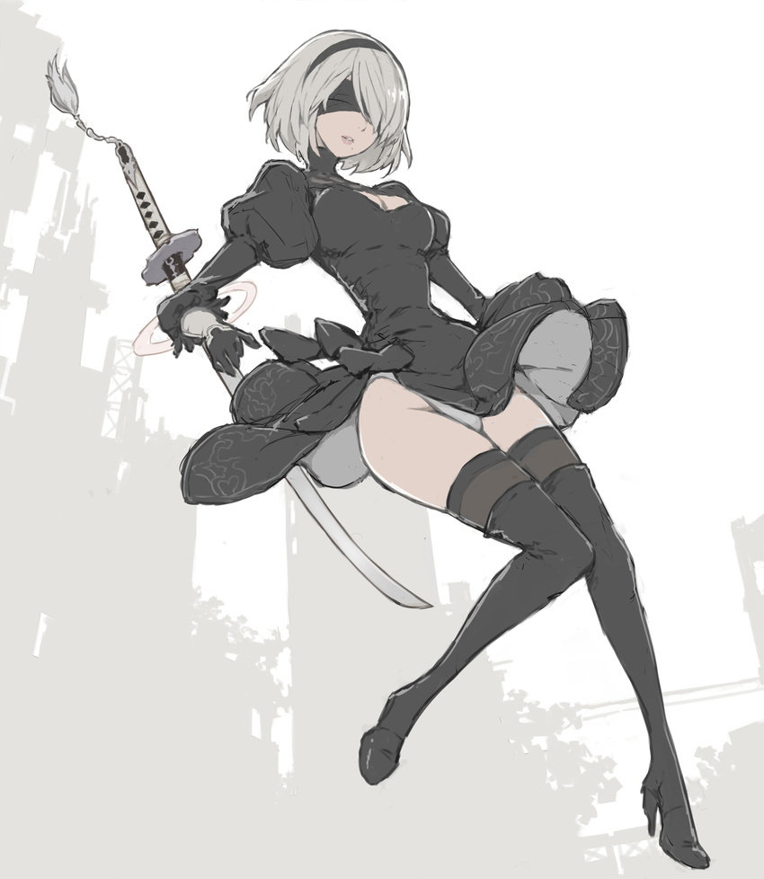 black_dress black_footwear black_gloves black_legwear blindfold boots breasts dress full_body gloves hairband high_heel_boots high_heels highres leotard leotard_shot long_sleeves medium_breasts mole mole_under_mouth morisawa_haruyuki nier_(series) nier_automata puffy_sleeves short_hair silver_hair sketch solo sword thigh_boots thighhighs weapon yorha_no._2_type_b