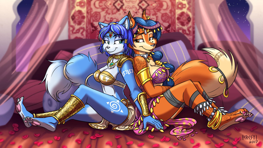 beauty_mark bed big_breasts black_nose blue_eyes blue_fur blue_hair breasts brown_eyes carmelita_fox chest_tuft cleavage clothed clothing crossover duo female fur hair heresy_(artist) jewelry krystal multicolored_fur necklace nintendo orange_fur pawpads pillow sly_cooper sly_cooper_(series) smile star_fox tuft two_tone_fur video_games white_fur