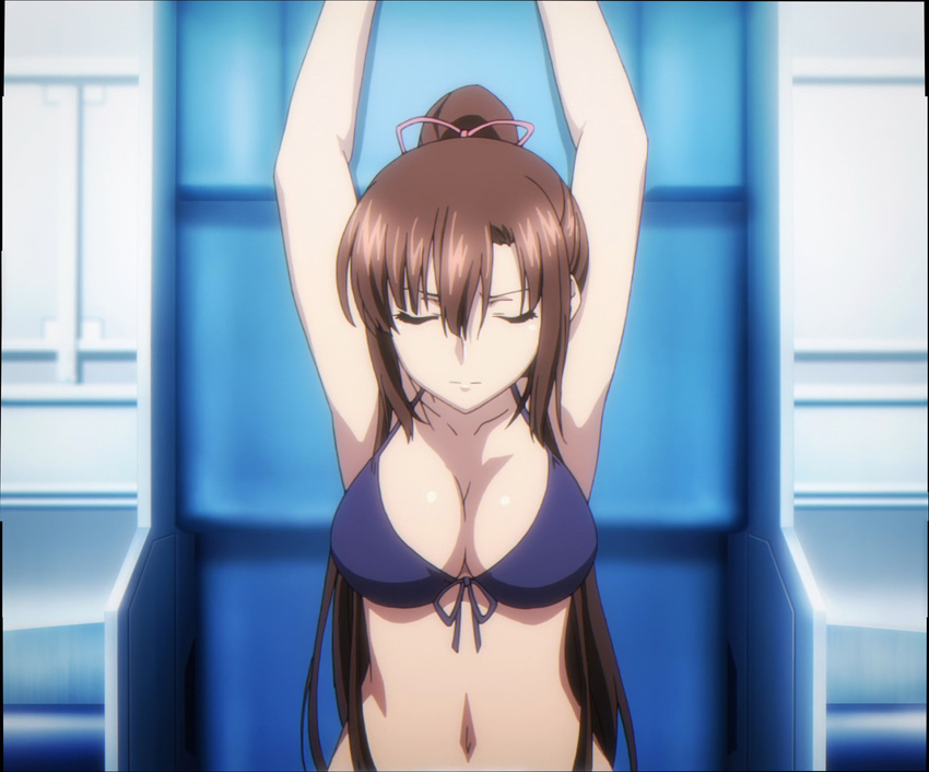 armpit bikini breasts brown_hair cleavage kirasaka_sayaka large_breasts midriff ponytail purple_bikini swimsuit