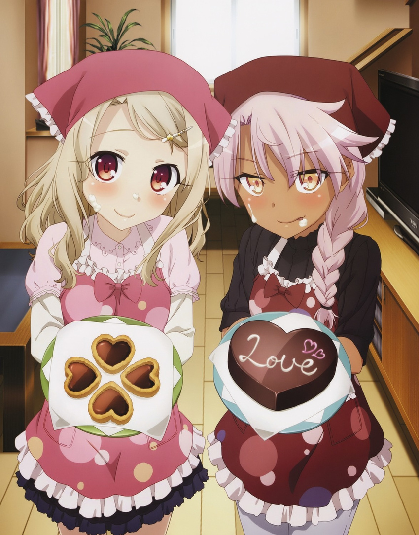 2girls blush cake chloe_von_einzbern chocolate_heart cookie cream cream_on_face dark_skin fate/kaleid_liner_prisma_illya fate/stay_night fate_(series) food happy_valentine illyasviel_von_einzbern indoors long_hair megami multiple_girls newtype pink_hair red_eyes room smile type-moon