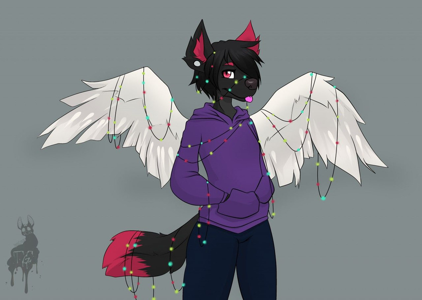 anthro canine clothed clothing feathered_wings feathers fur hair looking_at_viewer male mammal puccaruu solo standing tongue tongue_out wings