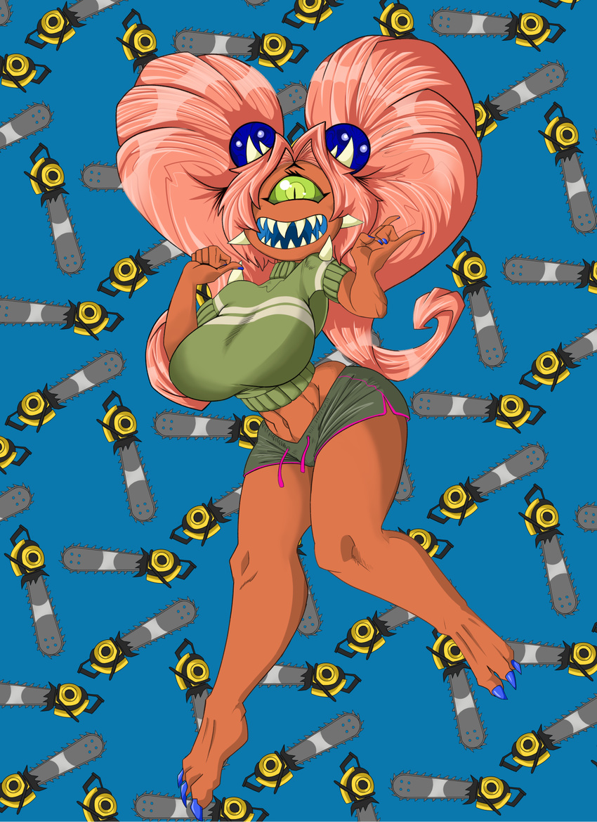 1_eye anthro armpits big_breasts big_hair blue_background breasts butt cacodemon chainsaw clothed clothing colored_nails demon doom fangs female floating green_eyes hair humanoid long_hair looking_at_viewer monstrous_humanoid navel not_furry open_mouth pink_hair red_skin shorts simple_background smile solo source_request spikes sweater teeth tools unknown_artist video_games wide_hips