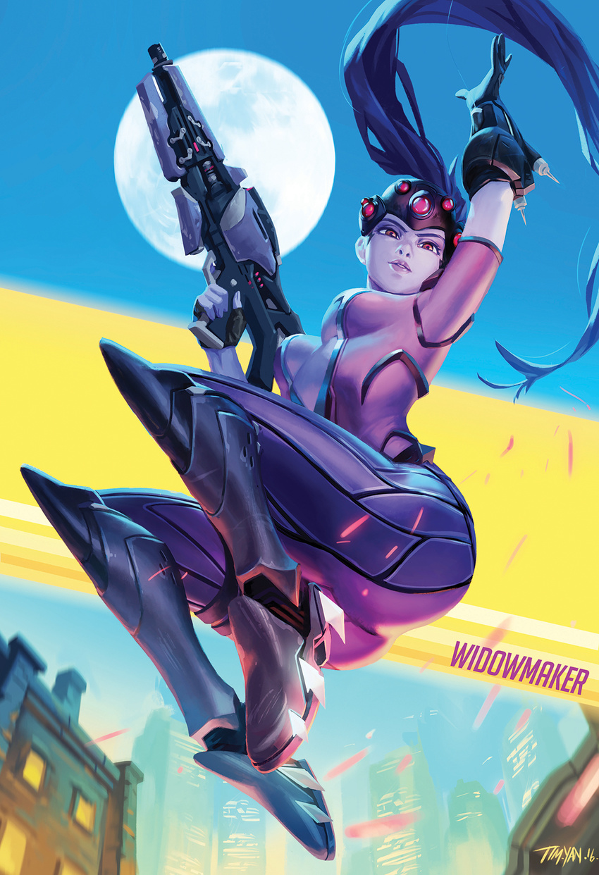 arm_up artist_name ass black_footwear blue_sky bodysuit boots breasts breasts_apart building center_opening character_name city finger_on_trigger from_below full_body full_moon gloves grappling_hook greaves gun head_mounted_display highres holding holding_gun holding_weapon knee_boots knee_pads lips long_hair looking_at_viewer medium_breasts moon night nose overwatch parted_lips pink_bodysuit ponytail purple_bodysuit purple_hair purple_lips purple_skin rifle short_sleeves signature sky skyscraper sniper_rifle solo teeth tim_yan very_long_hair visor weapon widowmaker_(overwatch) yellow_eyes