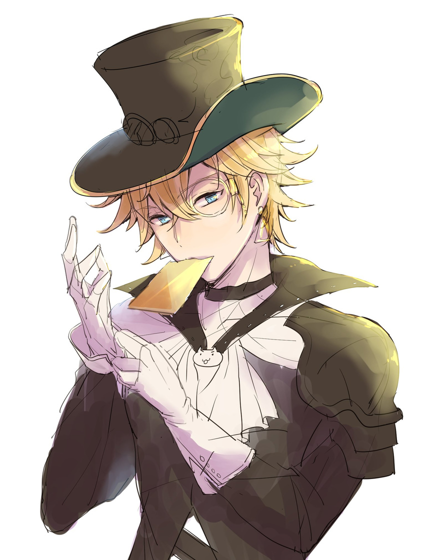 :3 adjusting_clothes adjusting_gloves blonde_hair bloom blue_eyes cape card chat_noir_(granblue_fantasy) cravat earrings gloves granblue_fantasy hat highres jewelry kadzuki_(ka3du6ki) long_sleeves looking_at_viewer male_focus monocle mouth_hold simple_background solo top_hat upper_body v-shaped_eyebrows white_background white_gloves