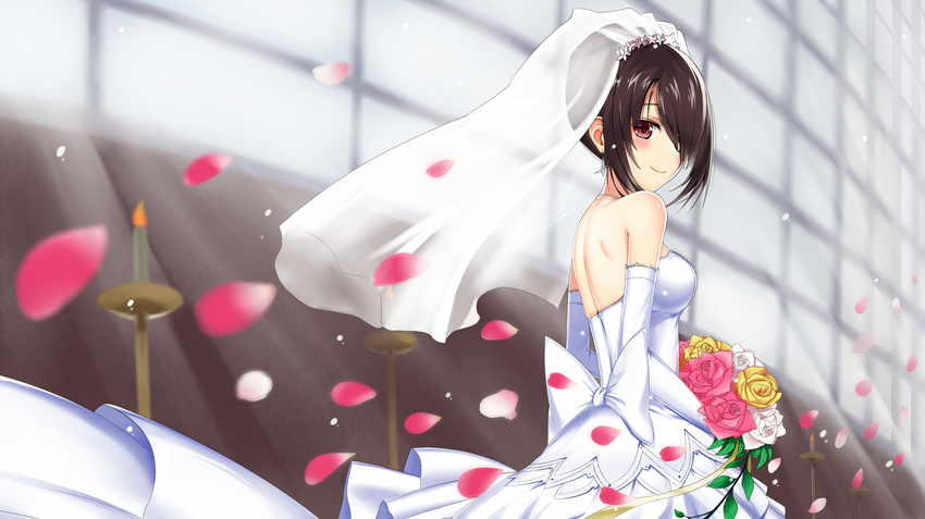 bad_id bad_pixiv_id bare_shoulders black_hair bouquet breasts bridal_veil bride commentary_request date_a_live dress elbow_gloves eyes_visible_through_hair flower gloves hair_over_one_eye heterochromia highres looking_at_viewer medium_breasts red_eyes smile solo strapless strapless_dress tokisaki_kurumi veil wedding_dress white_dress yellow_eyes z1npool