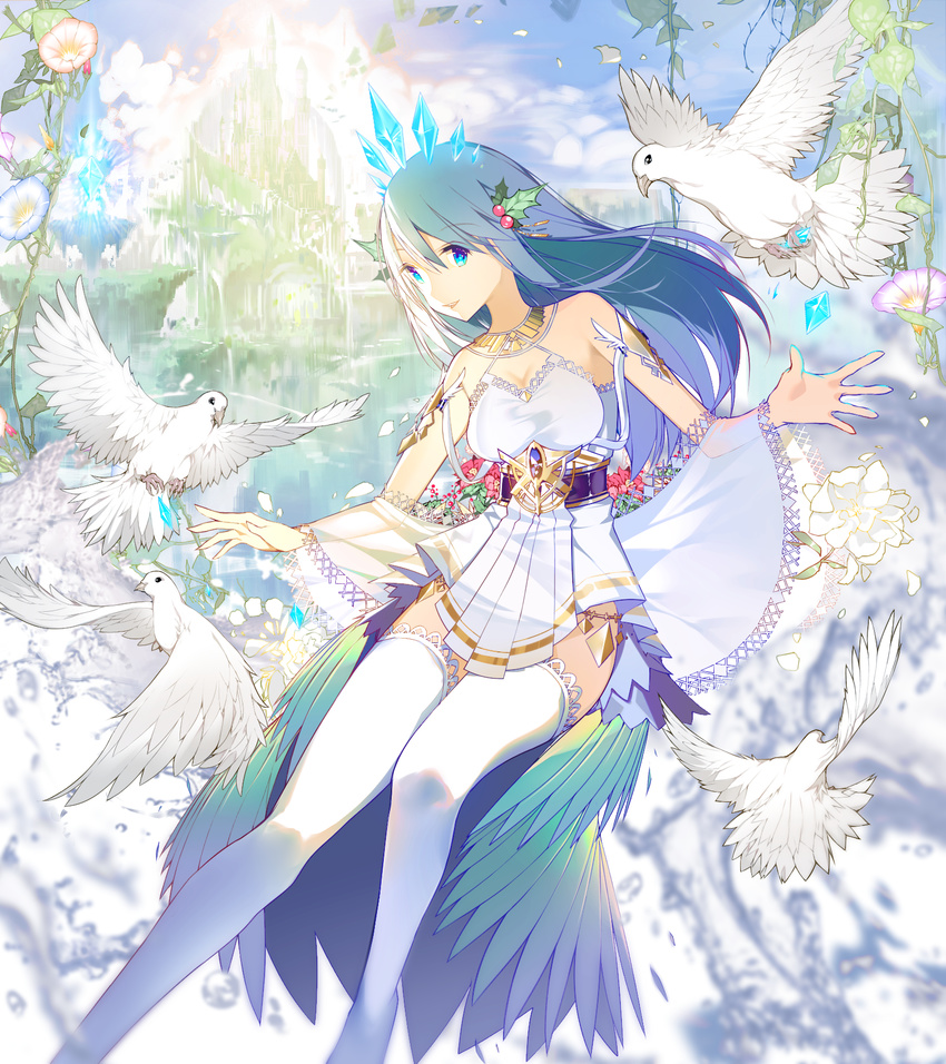 ajahweea bangs bare_shoulders bird blue_eyes blue_hair breasts cleavage crown crystal dress eyebrows_visible_through_hair flower flying gem hair_ornament highres jewelry lake long_hair looking_at_viewer medium_breasts necklace open_mouth original ornate ornate_clothing outdoors palace pale_skin petals plant smile solo thighhighs vines water waterfall white_dress white_legwear zettai_ryouiki