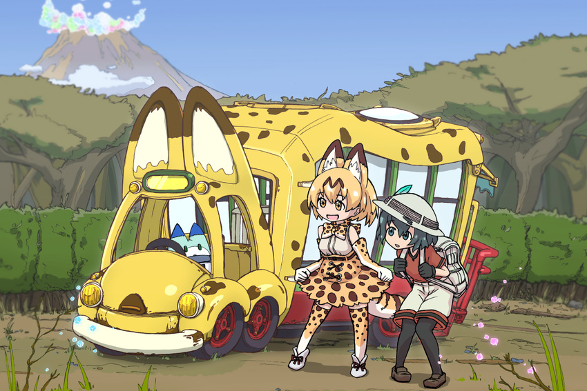 animal_ears backpack bag bare_shoulders black_hair black_legwear blonde_hair blush boots bow bowtie breasts bus cloud commentary da_(bobafett) day elbow_gloves gloves ground_vehicle hat hat_feather helmet japari_bus kaban_(kemono_friends) kemono_friends looking_at_viewer lucky_beast_(kemono_friends) medium_breasts motor_vehicle multiple_girls nekobus open_mouth outdoors pith_helmet sandstar serval_(kemono_friends) serval_ears serval_print serval_tail shirt shoes short_hair skirt sky sleeveless smile tail thighhighs tonari_no_totoro tree yellow_eyes