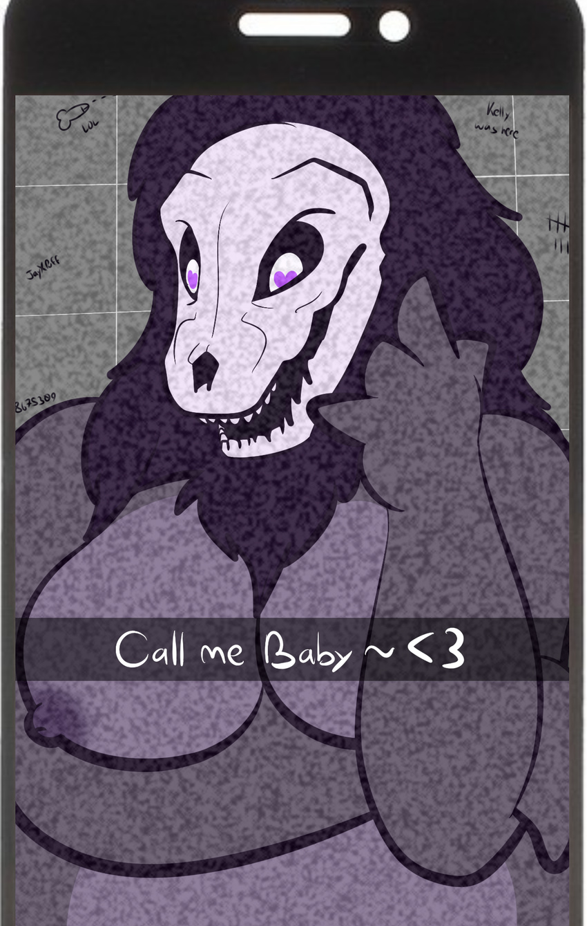 1-upclock anthro big_breasts black_fur breasts female fur hair looking_at_viewer monster nipples nude open_mouth phone presenting scp-1471 scp_foundation simple_background skull solo text