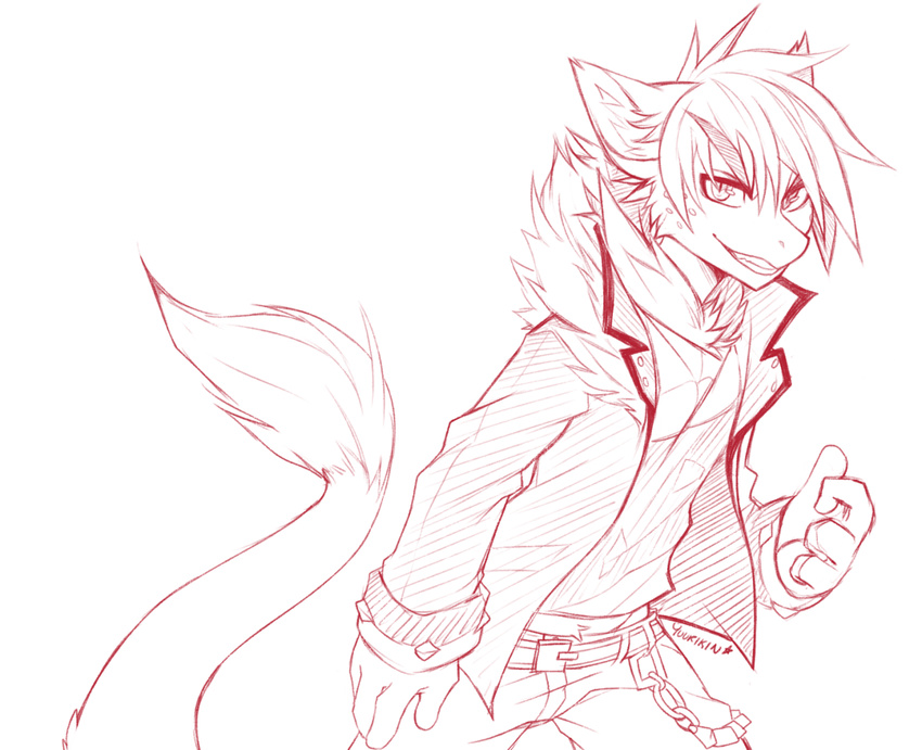anthro clothed clothing fur hair looking_at_viewer male red_theme sergal sketch smile solo standing yuurikin