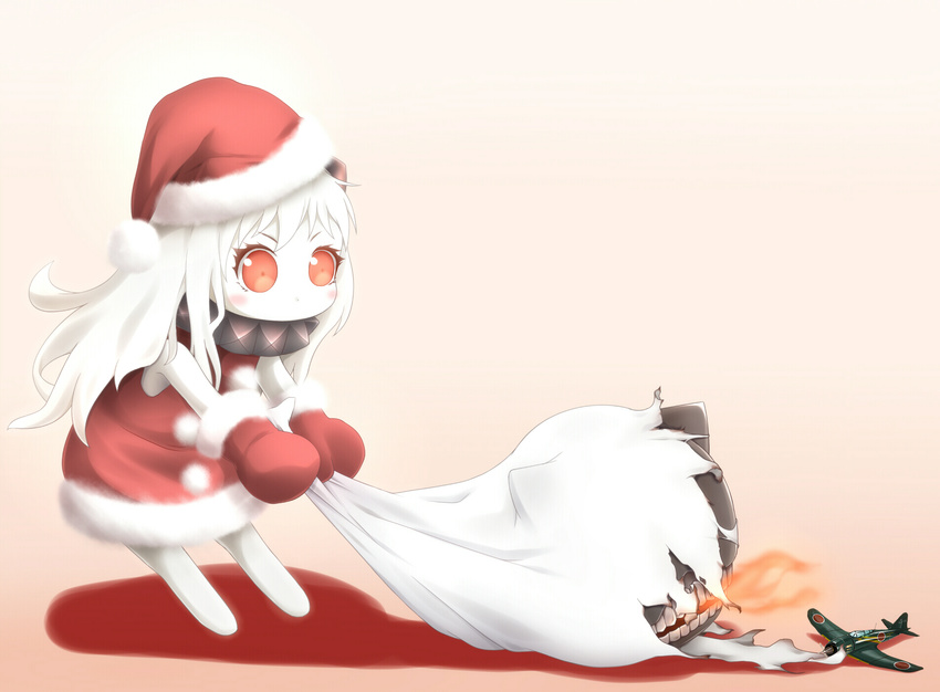 a7m_reppuu aircraft airplane alternate_costume chibi dress enemy_aircraft_(kantai_collection) evandragon hat highres horns kantai_collection long_hair mittens northern_ocean_hime red_dress red_eyes revision sack santa_costume santa_hat shinkaisei-kan torn_sack white_hair white_skin