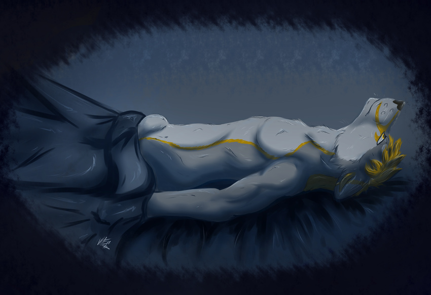 animal_genitalia anthro bed bed_sheet bedding biceps blonde_hair canine hair invalid_tag male mammal muscular nude pecs pointy_ears reclining sheath tuft vork_(vorktheartist) vorktheartist whiskers wolf yellow_eyes