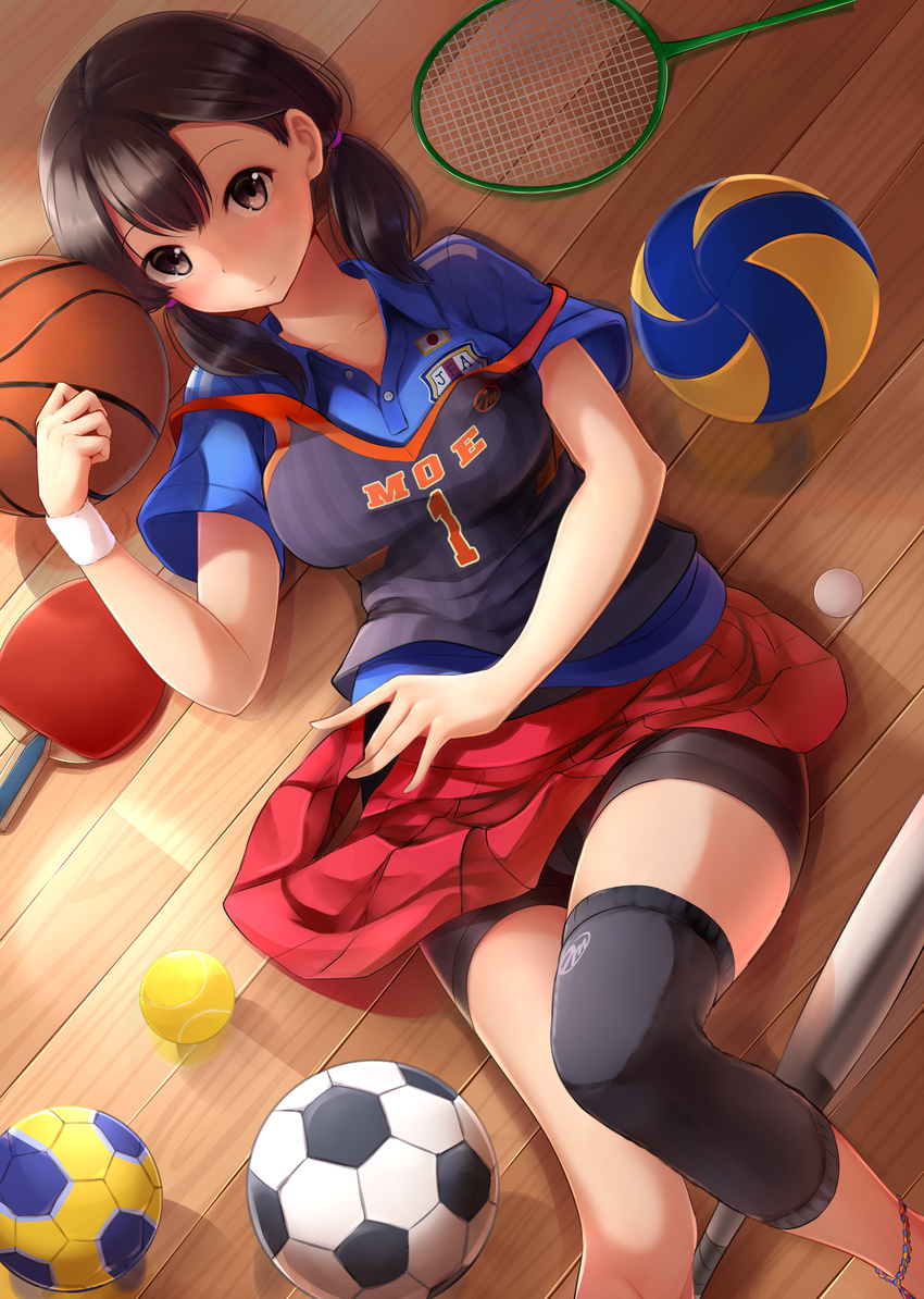 absurdres anklet ball baseball_bat basketball basketball_uniform bike_shorts black_hair black_shorts blush breasts brown_eyes buttons closed_mouth clothes_writing eyebrows_visible_through_hair handball highres japanese_flag jewelry leg_warmers long_hair low_twintails lying medium_breasts moe2017 nicoby on_back on_floor original paddle pleated_skirt racket red_skirt short_sleeves shorts shorts_under_skirt skirt smile soccer_ball soccer_uniform solo sportswear strap_slip sweatband table_tennis_ball table_tennis_paddle tareme tennis_ball tennis_racket twintails wing_collar wooden_floor