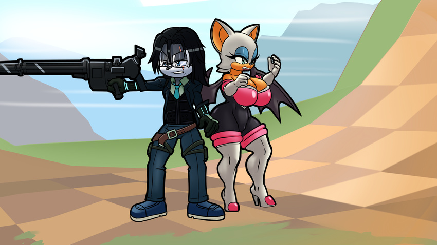 2017 anthro bat big_breasts breasts cleavage clothed clothing dreamcastzx1 duo fan_character female gun huge_breasts male mammal ranged_weapon rifle rouge_the_bat segainfinity sonic_(series) weapon