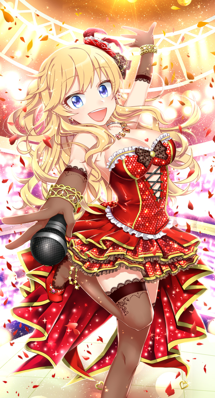 absurdres black_gloves black_legwear blonde_hair blue_eyes breasts cleavage dress gloves highres idolmaster idolmaster_cinderella_girls idolmaster_cinderella_girls_starlight_stage jewelry large_breasts leg_up long_hair looking_at_viewer microphone necklace ootsuki_yui open_mouth petals red_dress smile solo standing standing_on_one_leg thighhighs yukko
