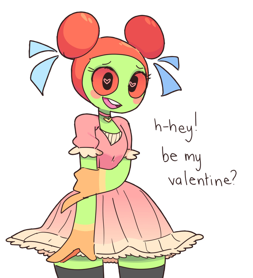 &lt;3 &lt;3_eyes amphibian anthro blush calli_(scalie_schoolie) clothing dialogue dress english_text eyelashes female frog gro-ggy holidays jewelry necklace noseless red_eyes scalie_schoolie simple_background smile solo talking_to_viewer text tree_frog valentine's_day white_background