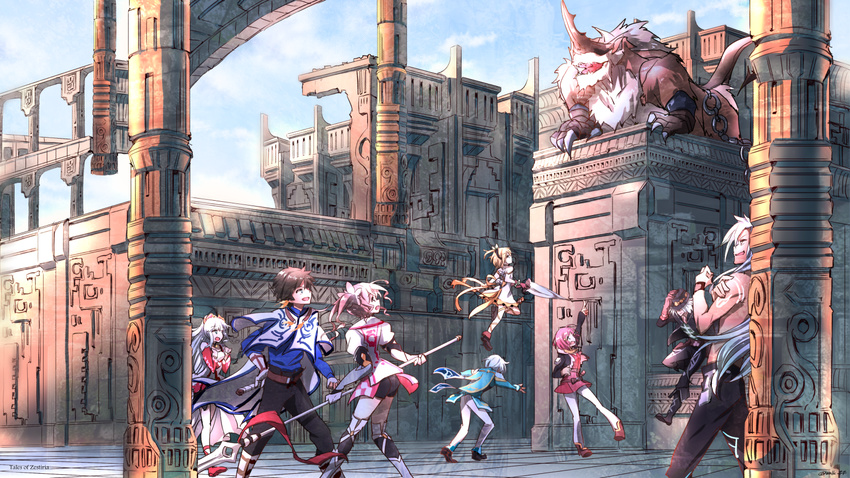 4boys 4girls alisha_diphda armor bare_shoulders belt blue_eyes blue_hair boots breasts brown_hair cape chains choker coat crown dagger dezel_(tales) dress earrings edna_(tales) gloves grey_hair hair_ornament hair_tubes hairband hat jacket lailah_(tales) long_hair mikleo_(tales) monster multiple_boys multiple_girls open_mouth pants ponytail red_hair ribbon rose_(tales) ruins scarf shoes short_hair short_shorts shorts side_ponytail sorey_(tales) spear sword tales_of_(series) tales_of_zestiria topless umbrella weapon zaveid_(tales)
