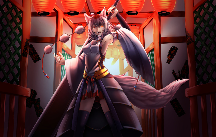 animal_ears armor armored_dress bare_shoulders breasts detached_sleeves fangs hat highres inubashiri_momiji inyuppo looking_at_viewer medium_breasts nail_polish open_mouth pom_pom_(clothes) red_eyes short_hair silver_hair solo sword tail tokin_hat touhou weapon wolf_ears wolf_tail