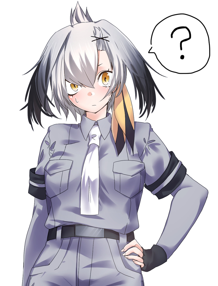? arm_at_side belt black_gloves black_hair bodystocking breast_pocket collared_shirt commentary_request fingerless_gloves gloves grey_hair grey_shirt hand_on_hip highres kemono_friends long_hair looking_at_viewer multicolored_hair necktie pocket shirt shoebill_(kemono_friends) short_sleeves shorts simple_background solo spoken_question_mark sweat upper_body white_background wing_collar yellow_eyes yukina_(masyumaro610)