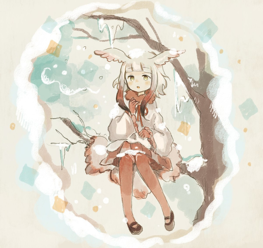 bangs bare_tree beige_background blunt_bangs blush breath buttons clenched_hand commentary expressionless frilled_sleeves frills fur_collar gloves gradient_hair hand_on_own_chest head_wings in_tree japanese_crested_ibis_(kemono_friends) jpeg_artifacts kemono_friends long_sleeves looking_at_viewer mary_janes multicolored_hair music muted_color nose_blush onigiri_(ginseitou) open_mouth outdoors pantyhose pleated_skirt red_gloves red_hair red_legwear shirt shoes short_hair short_hair_with_long_locks sidelocks singing sitting sitting_in_tree sketch skirt snow solo tareme tree two-tone_hair white_hair white_shirt wide_sleeves wings winter yellow_eyes