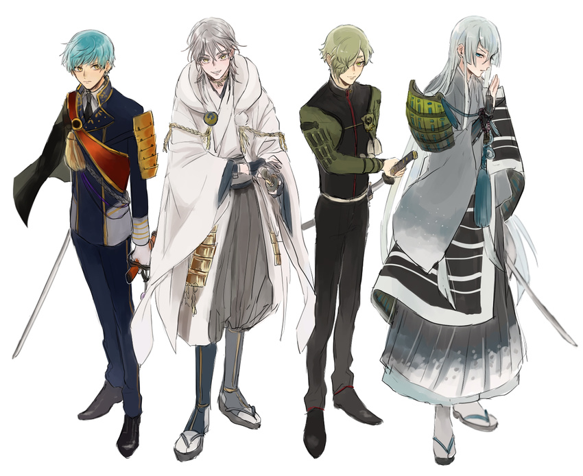 aqua_hair armor black_gloves blue_eyes blue_hair cape gloves green_eyes green_hair hair_over_one_eye hood ichigo_hitofuri japanese_armor japanese_clothes katana kousetsu_samonji male_focus military military_uniform multiple_boys necktie partly_fingerless_gloves ready_to_draw sandals sheath shoulder_armor smile sode sword tabi touken_ranbu tsurumaru_kuninaga uguisumaru uniform unsheathing weapon white_gloves white_hair yellow_eyes zy_(dondokodo-mu)