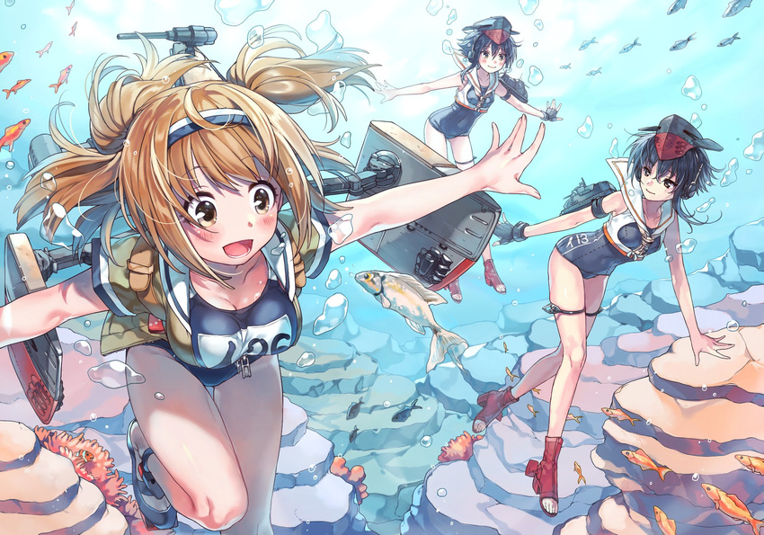 air_bubble asymmetrical_hair black_hair boots breath brown_eyes bubble collarbone coral fish framed_breasts freediving gloves hair_between_eyes hairband hat headphones high_heel_boots high_heels highres i-13_(kantai_collection) i-14_(kantai_collection) i-26_(kantai_collection) kantai_collection light_brown_eyes light_brown_hair long_hair machinery multiple_girls new_school_swimsuit ocean open_mouth outstretched_arms partly_fingerless_gloves rigging rojiko sailor_collar sandals school_swimsuit shirt short_hair short_sleeves swimsuit tsurime two-tone_hairband two_side_up underwater zipper