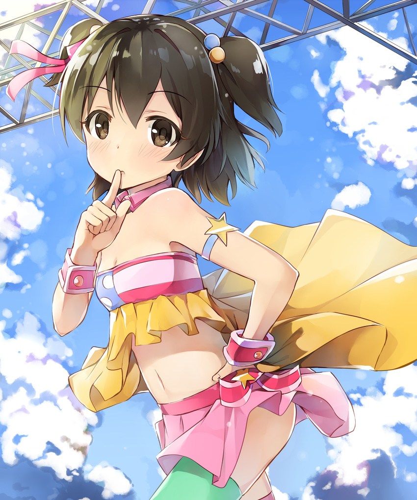 absurdres akagi_miria armlet asymmetrical_legwear bare_shoulders black_hair blush brown_eyes detached_collar finger_to_mouth hair_ornament hand_on_hip highres idolmaster idolmaster_cinderella_girls looking_at_viewer midriff navel open_mouth pikapikapop seneto short_hair skirt solo thighhighs twintails two_side_up wrist_cuffs