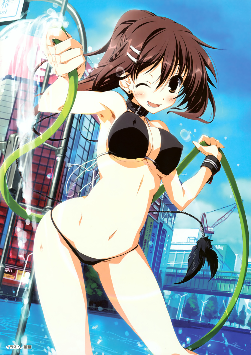 absurdres akihabara_(tokyo) armpits bikini black_bikini blush breasts brown_hair city collar covered_nipples earrings hair_ornament hairclip highres hips hose jewelry kagome_(traumatize) large_breasts long_hair looking_at_viewer minakami_yuki navel one_eye_closed open_mouth ponytail real_world_location solo subarashiki_hibi swimsuit teeth tokyo_(city) underboob wading water