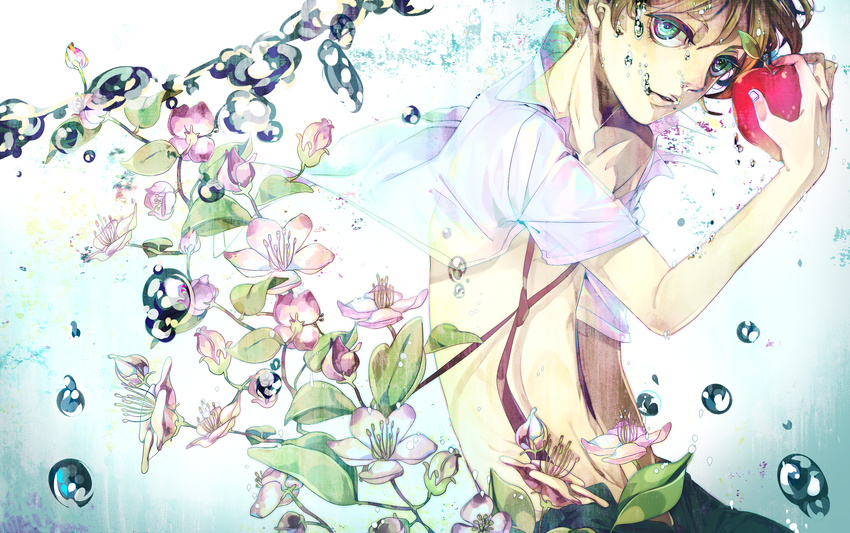 absurdres akiakane apple aqua_eyes blonde_hair bubble flower food fruit highres holding holding_food holding_fruit kagamine_len male_focus md5_mismatch out_of_eden_(vocaloid) solo suspenders underwater vocaloid