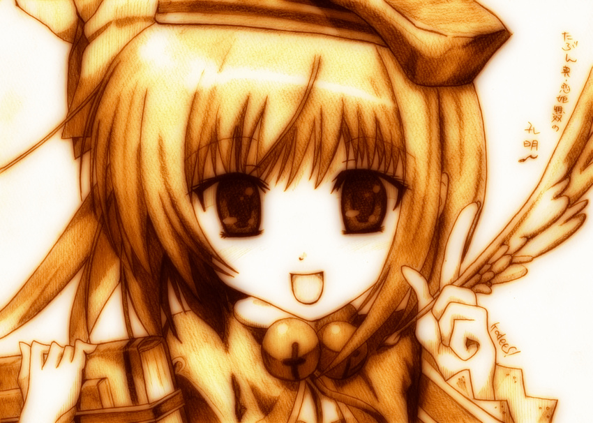 bad_id bad_pixiv_id bell book godees hat highres koihime_musou monochrome pen shokatsuryou short_hair sketch smile solo traditional_media