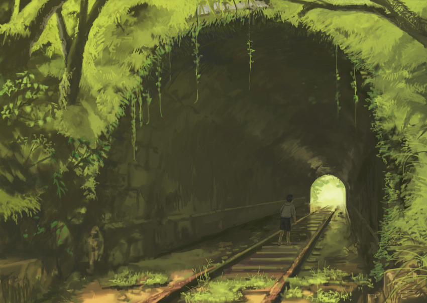 grass heian_(heian11) landscape male_focus original overgrown railroad_tracks scenery solo tunnel