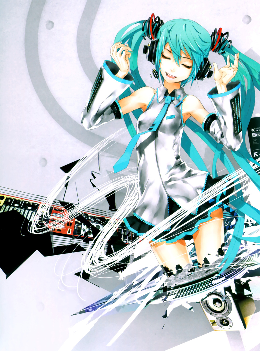 absurdres aqua_nails closed_eyes detached_sleeves green_hair hatsune_miku headphones highres long_hair nail_polish necktie open_mouth redjuice skirt solo speaker twintails vocaloid