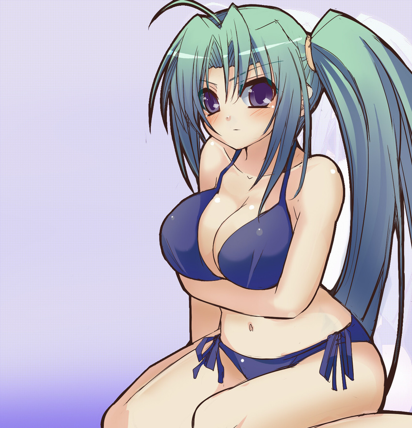 bad_id bad_pixiv_id bikini blue_eyes green_hair highres jontake long_hair side_ponytail solo soul_link swimsuit yuu_yamanami